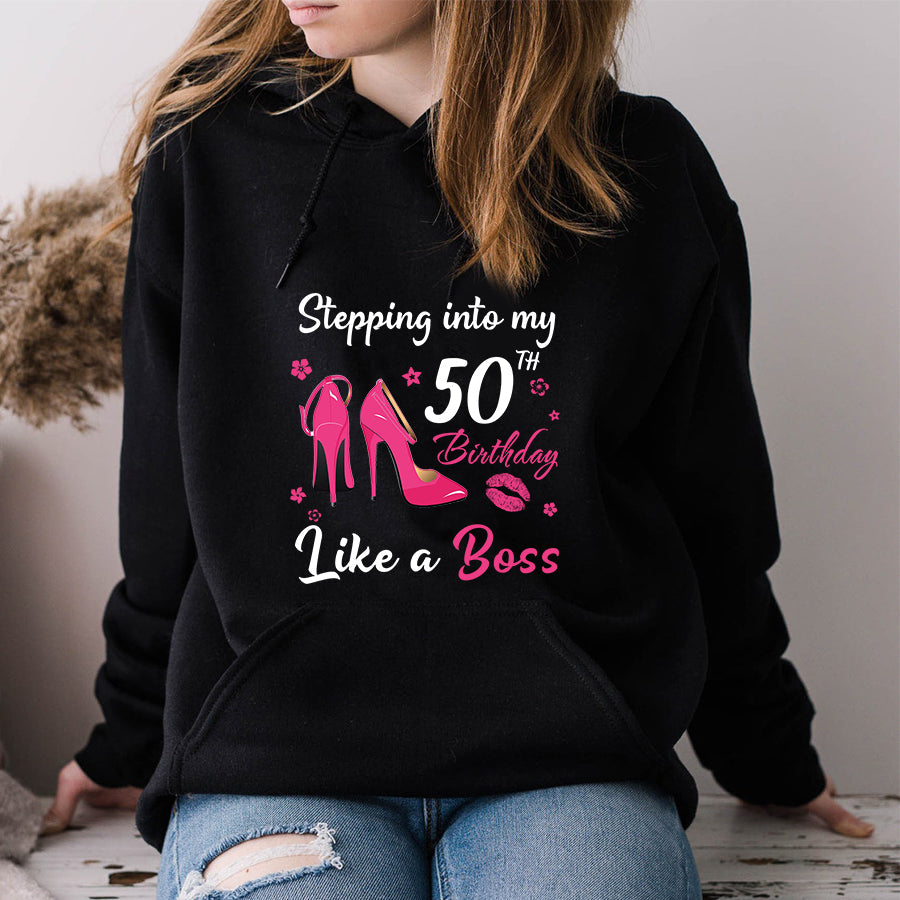 Stepping into my 50th Birthday Like a Boss, 50th birthday unique gifts for woman, 50th birthday ideas, Turning 50 years old cotton shirt
