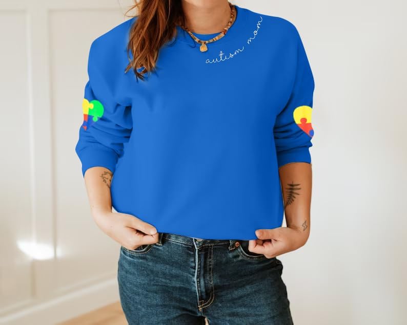 EGELEXY Autism Mom Sweatshirt Women : Autism Awareness Tops Puzzle Graphic Autistic Support Clothes