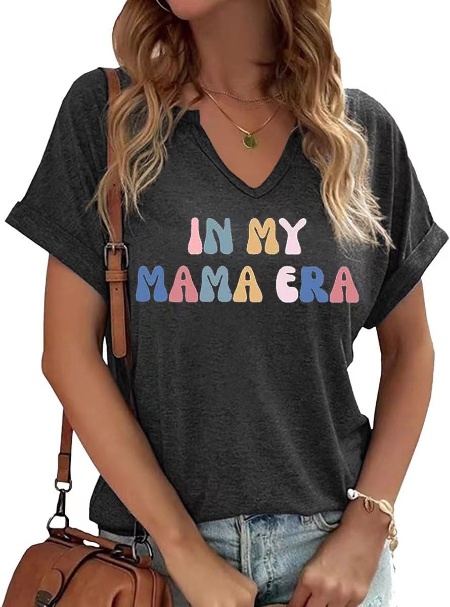 Mama V Neck Shirt Women Funny Mom Life T-Shirt Mother's Day Short Sleeve Graphic Tees Mama Gift Casual Tops Blouse Mother Shirt