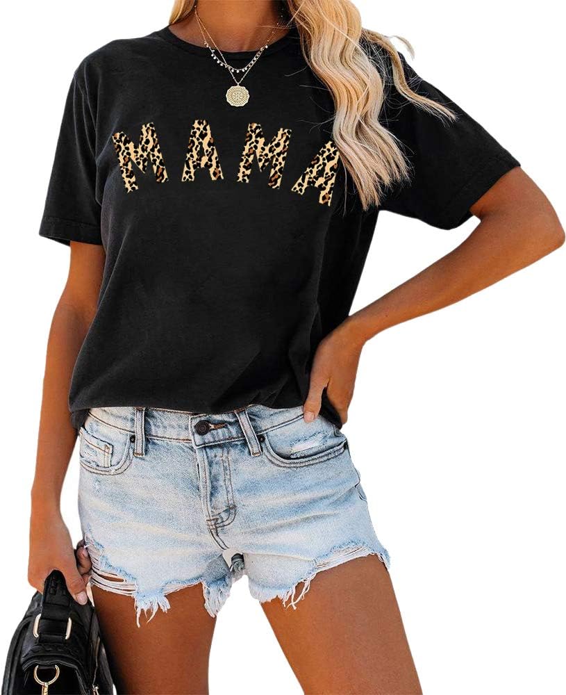 Womens Madre Leopard Print T-Shirts Short Sleeve Mama Shirts Cheetah Mom Graphic Tees Tops