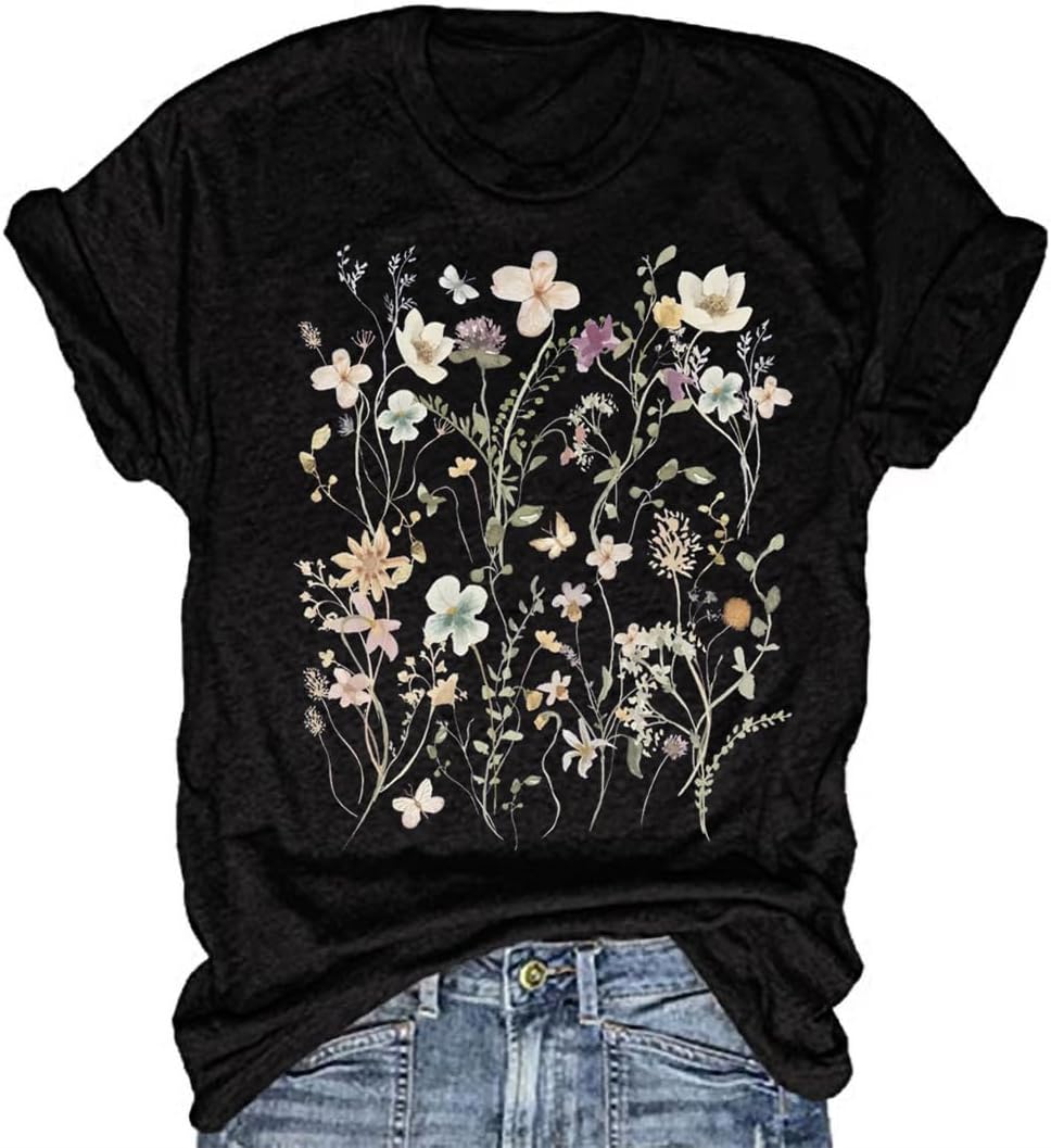Women's Vintage Flowers Shirt Casual Boho Floral Printed T-Shirt Sunflower Wildflowers Graphic Tees Tops for Girl