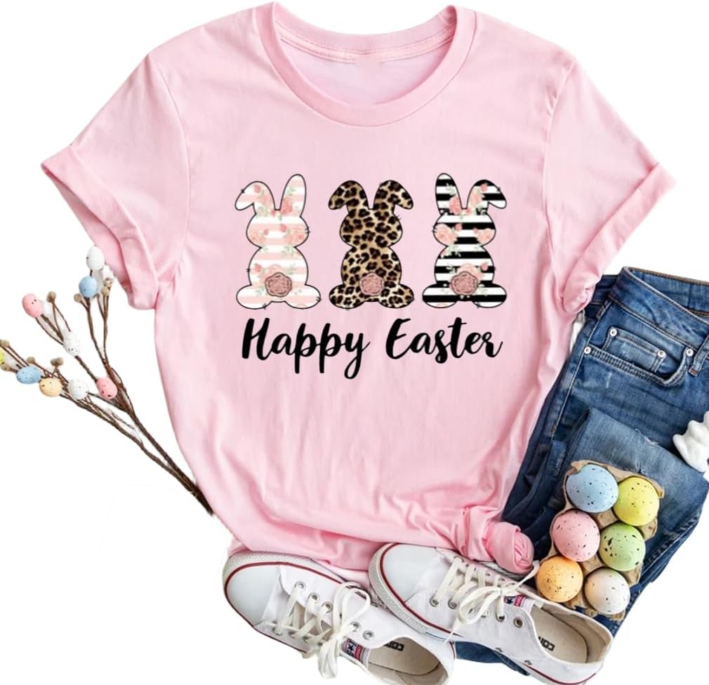 Bunny with Leopard Glasses Shirts for Women Cute Easter Graphic T Shirt Casual Spring Tops Comfortable Tee