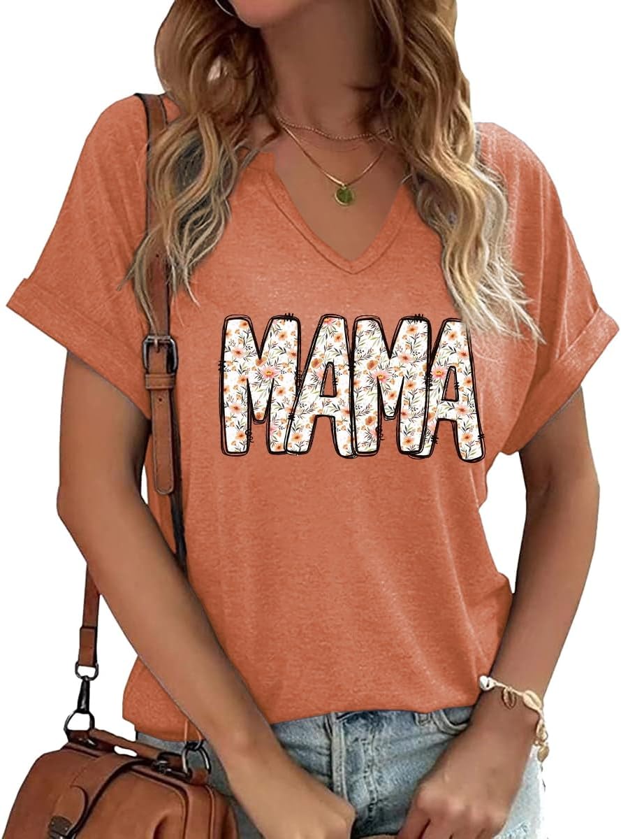 Mama V Neck Shirt Women Funny Mom Life T-Shirt Mother's Day Short Sleeve Graphic Tees Mama Gift Casual Tops Blouse Mother Shirt