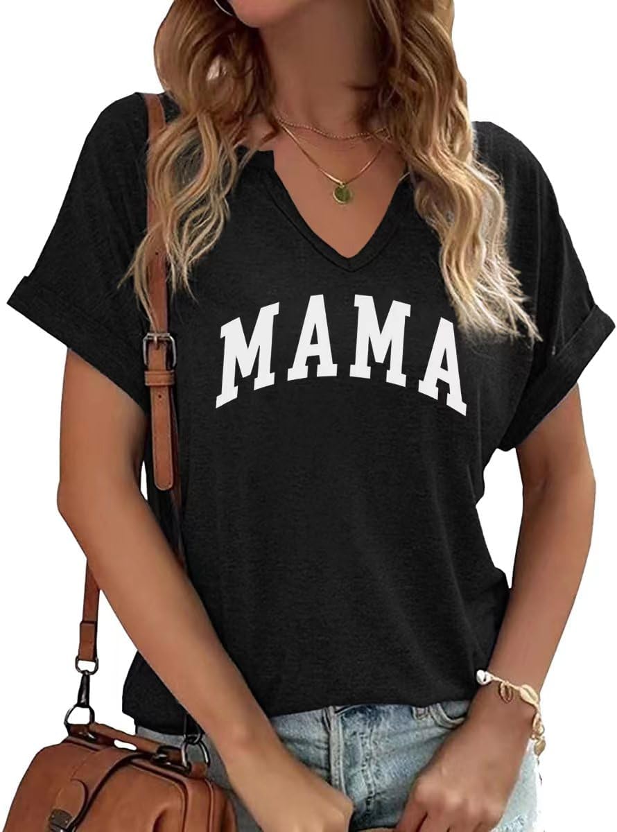 Mama V Neck Shirt Women Funny Mom Life T-Shirt Mother's Day Short Sleeve Graphic Tees Mama Gift Casual Tops Blouse Mother Shirt