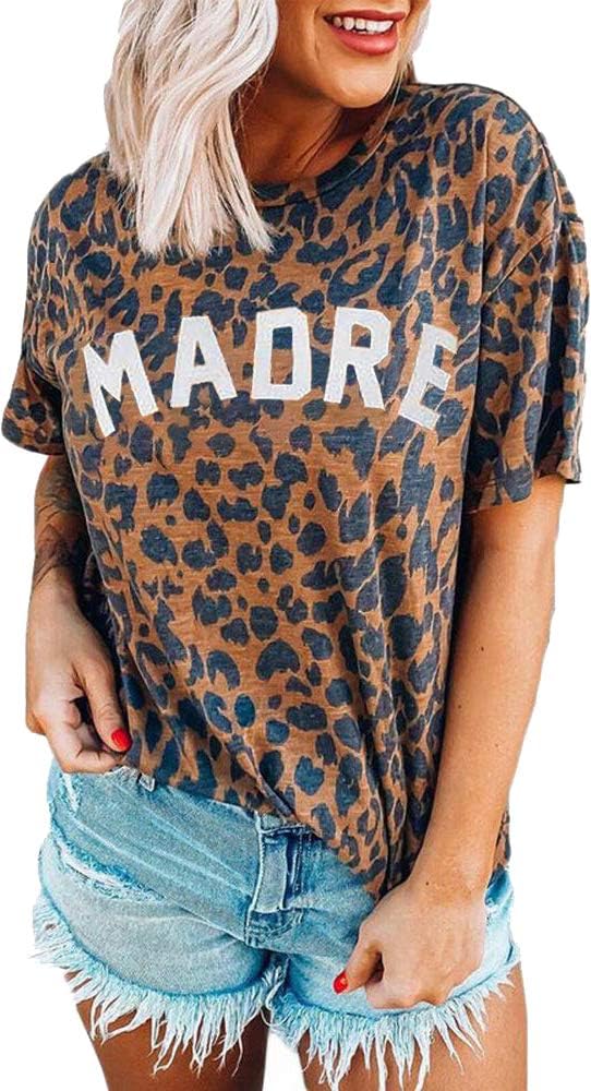 Womens Madre Leopard Print T-Shirts Short Sleeve Mama Shirts Cheetah Mom Graphic Tees Tops