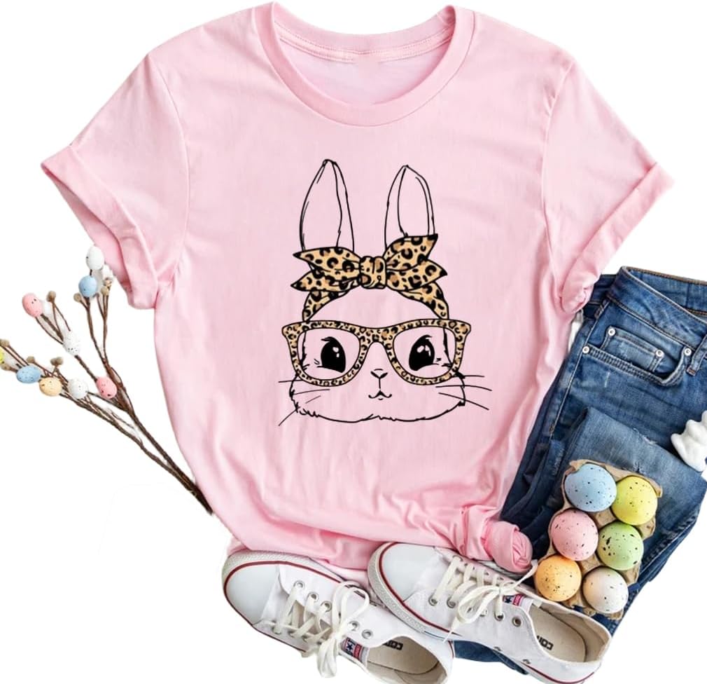 Bunny with Leopard Glasses Shirts for Women Cute Easter Graphic T Shirt Casual Spring Tops Comfortable Tee