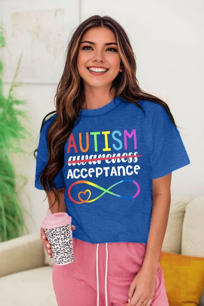 Autism Awareness Shirt Women Autistic Support Shirts Blue Ribbon Graphic T-Shirt Autistim Acceptance Tee Short Sleeve Tops