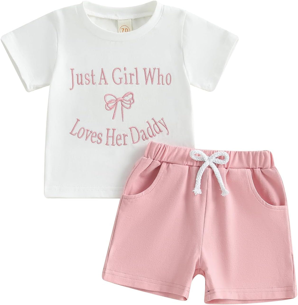 Meiweileya Toddler Baby Girl Summer Clothes Short Sleeve Funny Letters&Bow Tshirt Tops Solid Shorts Set Father's Day Outfit