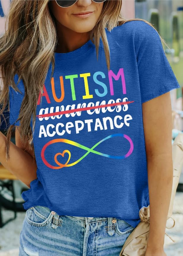 Autism Awareness Shirt Women Autistic Support Shirts Blue Ribbon Graphic T-Shirt Autistim Acceptance Tee Short Sleeve Tops
