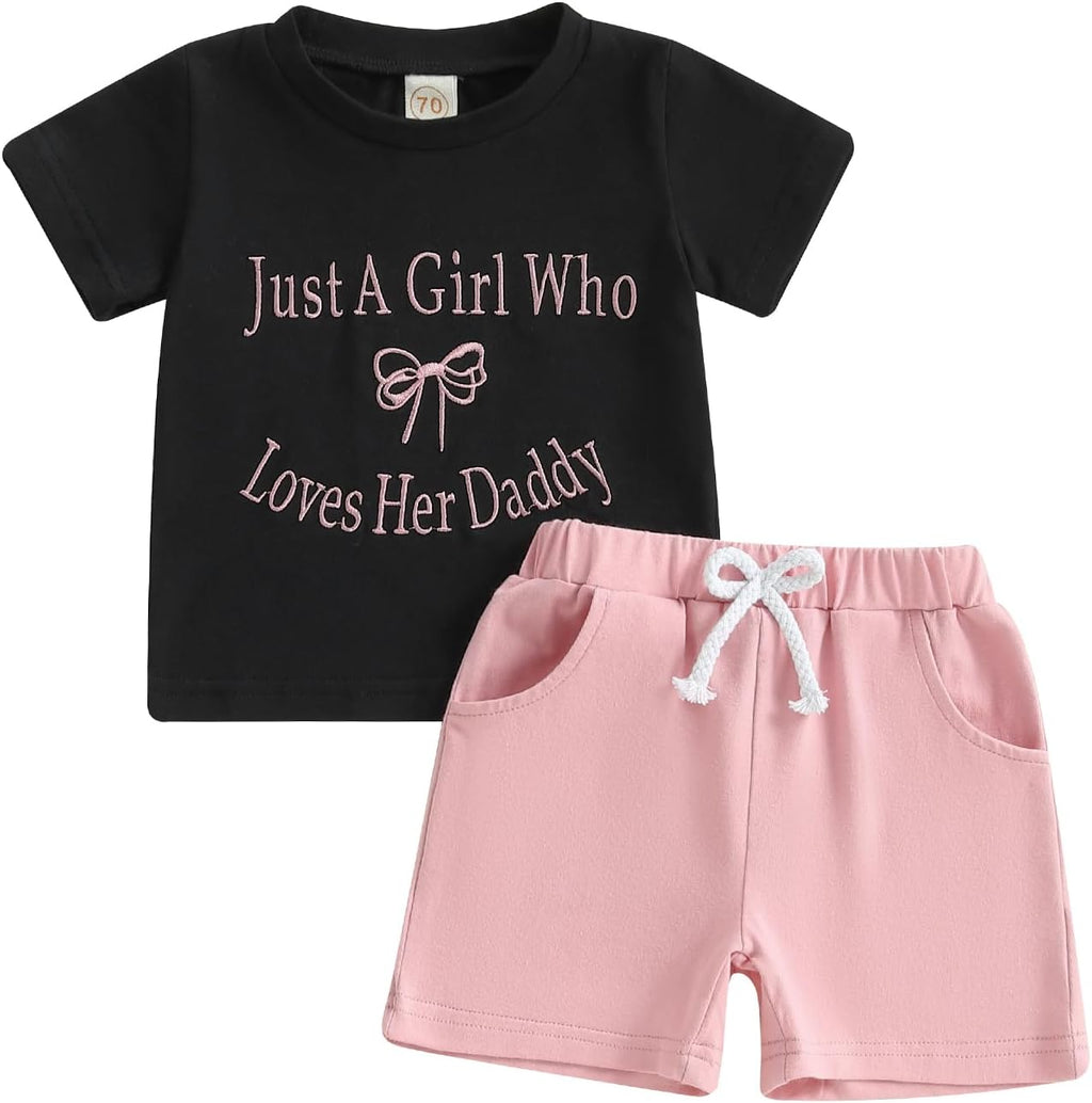 Meiweileya Toddler Baby Girl Summer Clothes Short Sleeve Funny Letters&Bow Tshirt Tops Solid Shorts Set Father's Day Outfit
