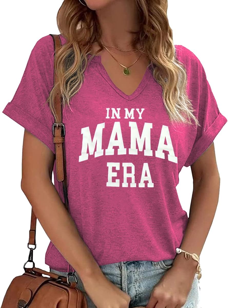 Mama V Neck Shirt Women Funny Mom Life T-Shirt Mother's Day Short Sleeve Graphic Tees Mama Gift Casual Tops Blouse Mother Shirt
