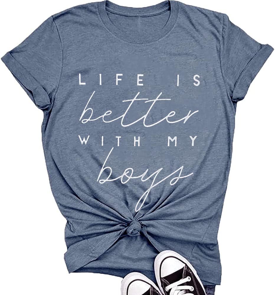 Life is Better with My Boys Women Funny Mom Gift Shirts Graphic Summer Short Athletic Casual Workout Tops Mother Shirt