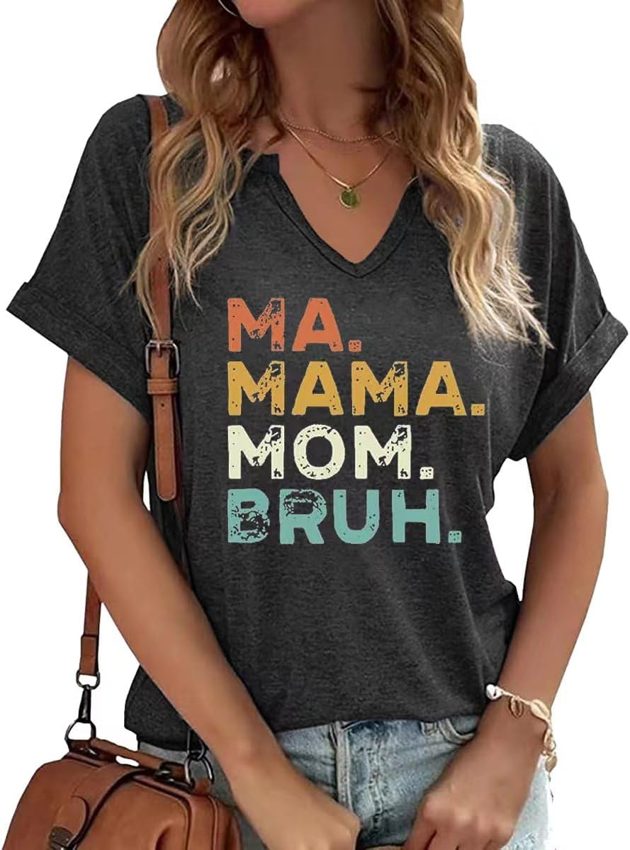 Mama V Neck Shirt Women Funny Mom Life T-Shirt Mother's Day Short Sleeve Graphic Tees Mama Gift Casual Tops Blouse Mother Shirt