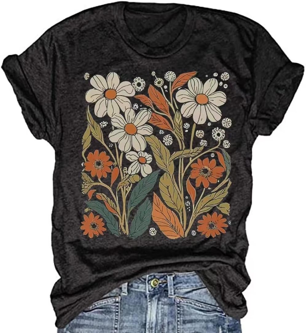 Women's Vintage Flowers Shirt Casual Boho Floral Printed T-Shirt Sunflower Wildflowers Graphic Tees Tops for Girl