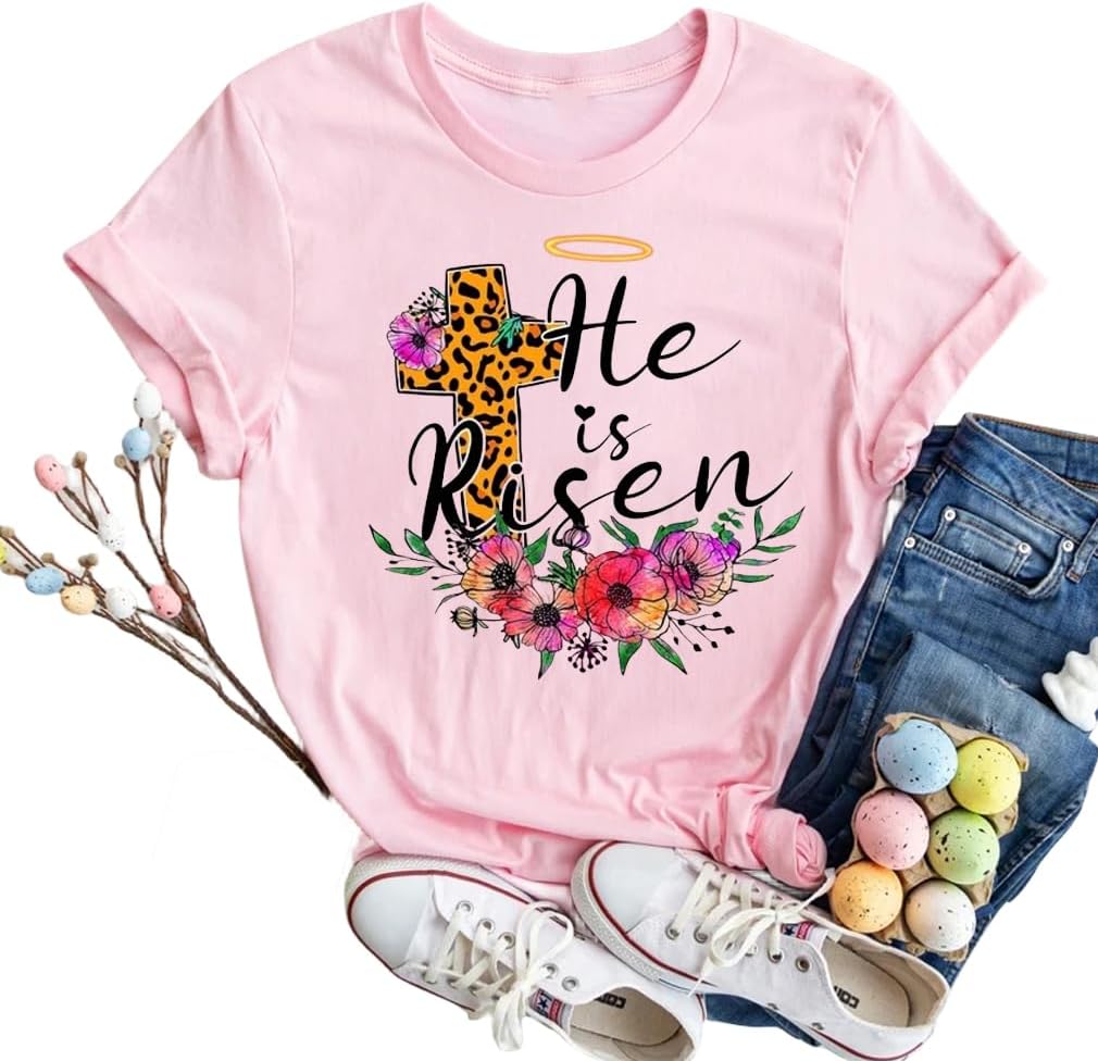 Bunny with Leopard Glasses Shirts for Women Cute Easter Graphic T Shirt Casual Spring Tops Comfortable Tee