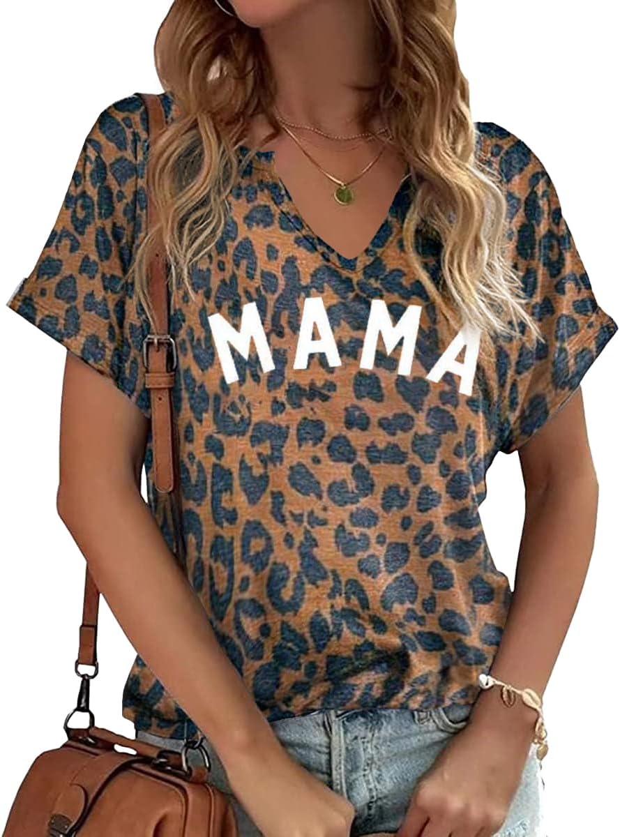Mama V Neck Shirt Women Funny Mom Life T-Shirt Mother's Day Short Sleeve Graphic Tees Mama Gift Casual Tops Blouse Mother Shirt