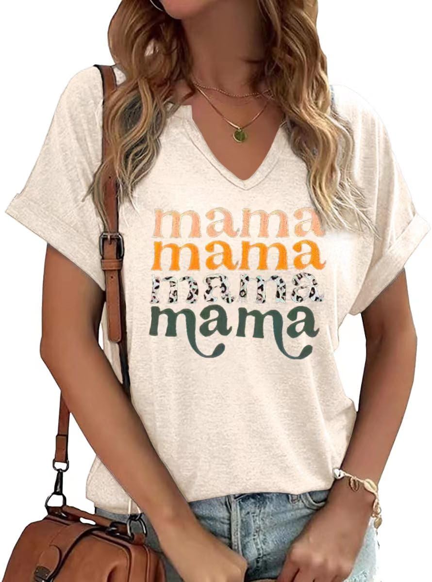 Mama V Neck Shirt Women Funny Mom Life T-Shirt Mother's Day Short Sleeve Graphic Tees Mama Gift Casual Tops Blouse Mother Shirt