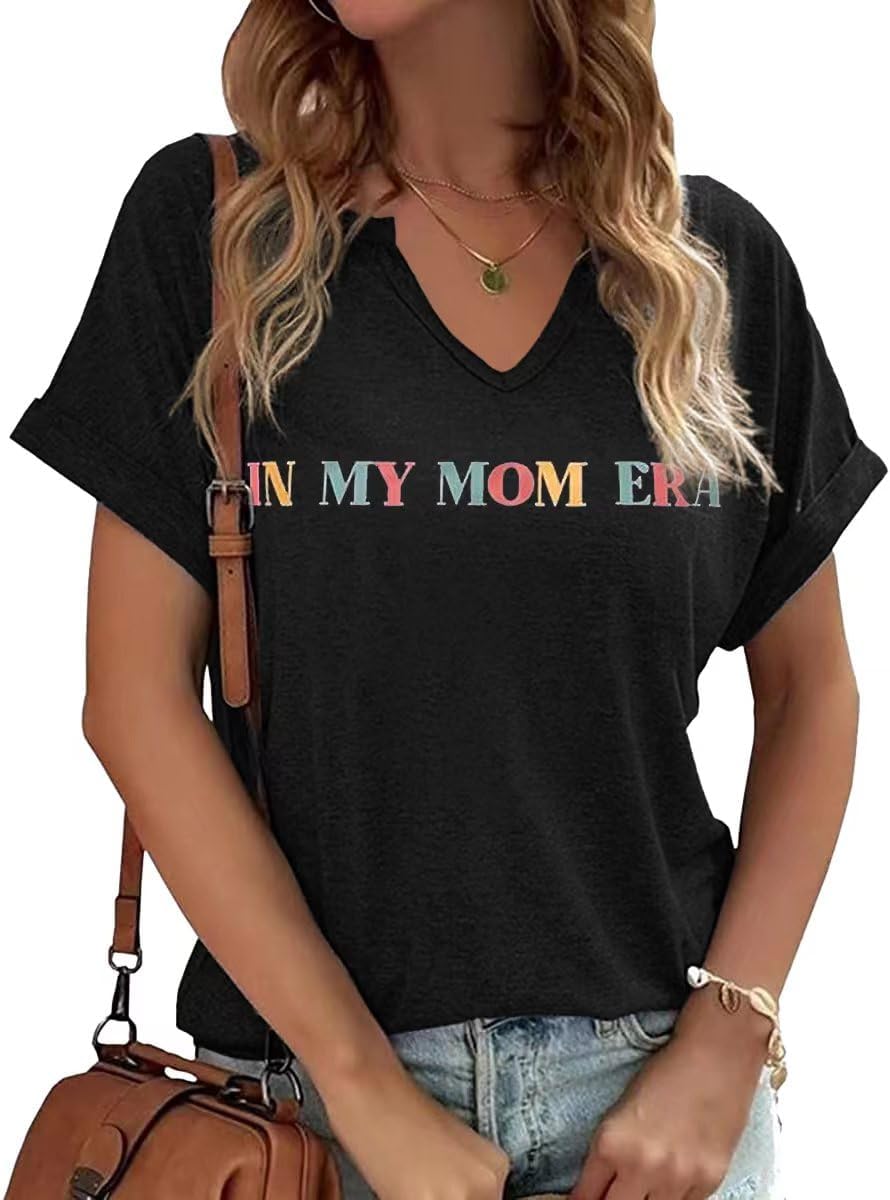 Mama V Neck Shirt Women Funny Mom Life T-Shirt Mother's Day Short Sleeve Graphic Tees Mama Gift Casual Tops Blouse Mother Shirt