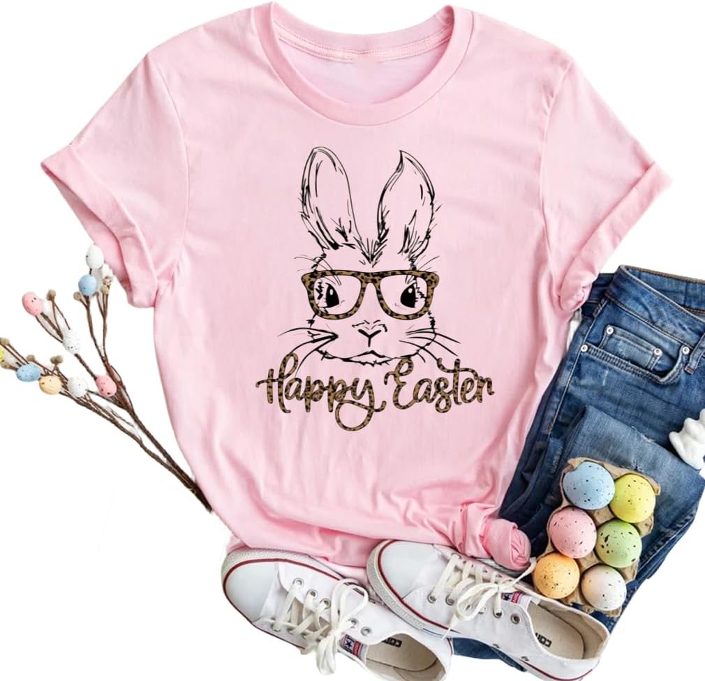 Bunny with Leopard Glasses Shirts for Women Cute Easter Graphic T Shirt Casual Spring Tops Comfortable Tee
