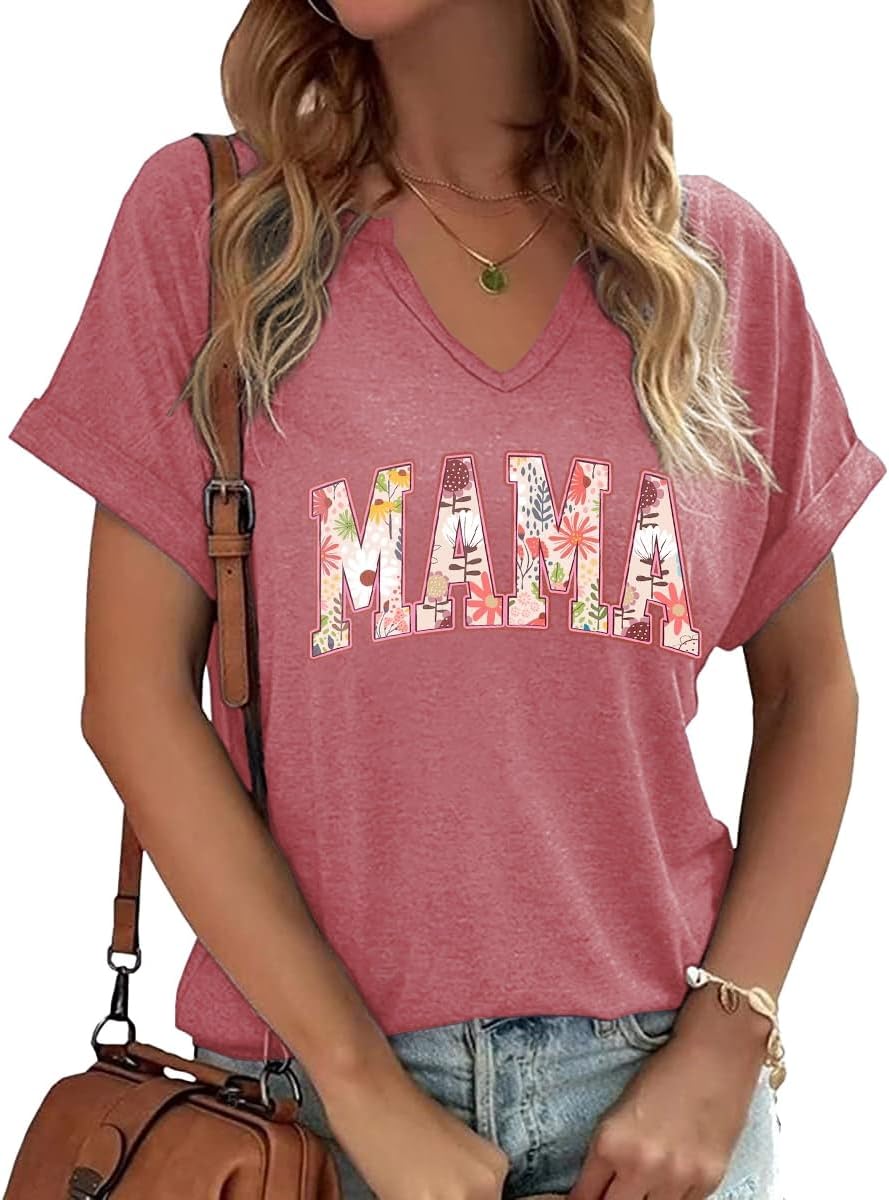 Mama V Neck Shirt Women Funny Mom Life T-Shirt Mother's Day Short Sleeve Graphic Tees Mama Gift Casual Tops Blouse Mother Shirt