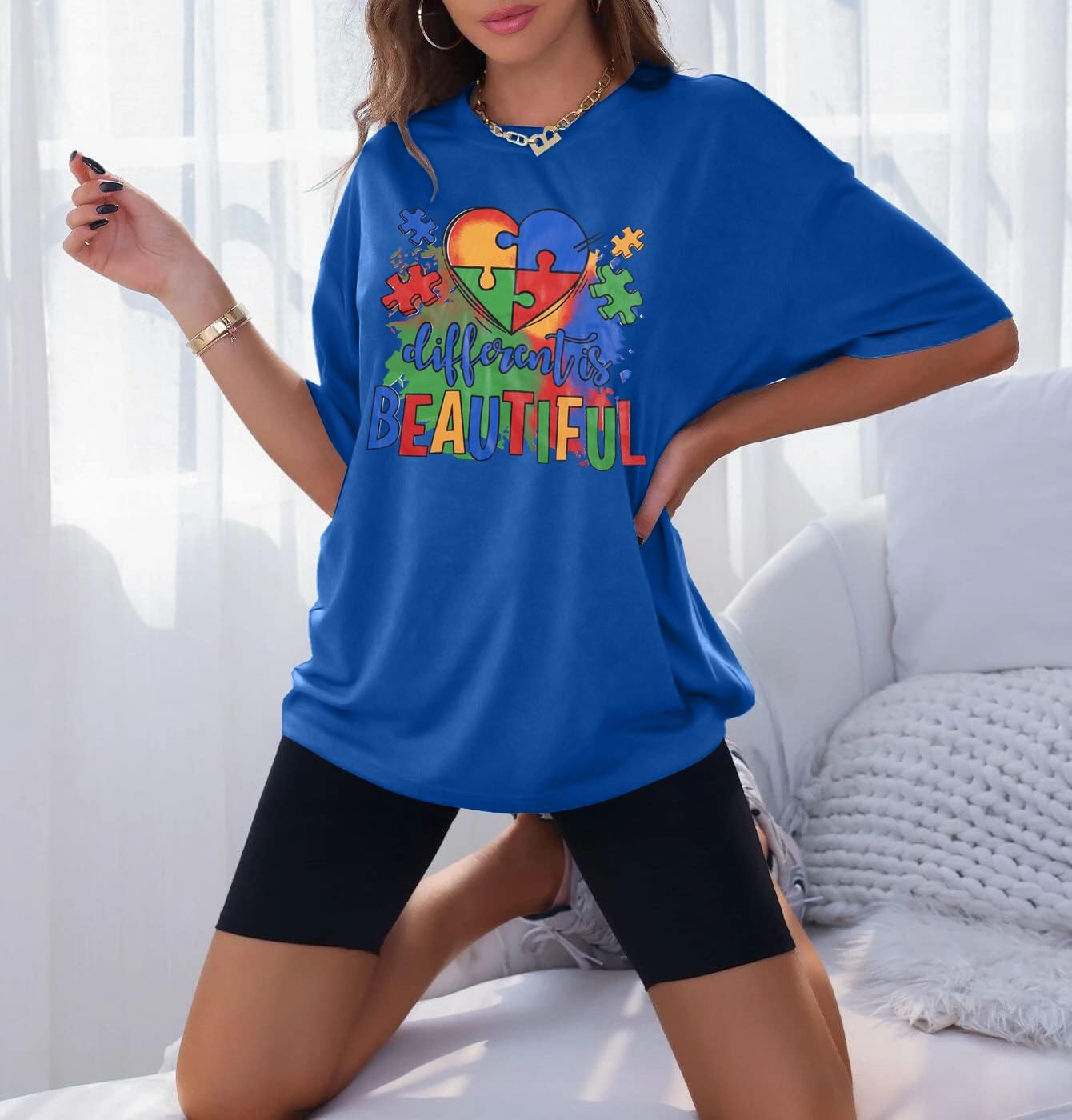 Autism Awareness Women Oversized Shirt Different is Beautiful Autism T Shirts Special Education Teacher Tee Tops