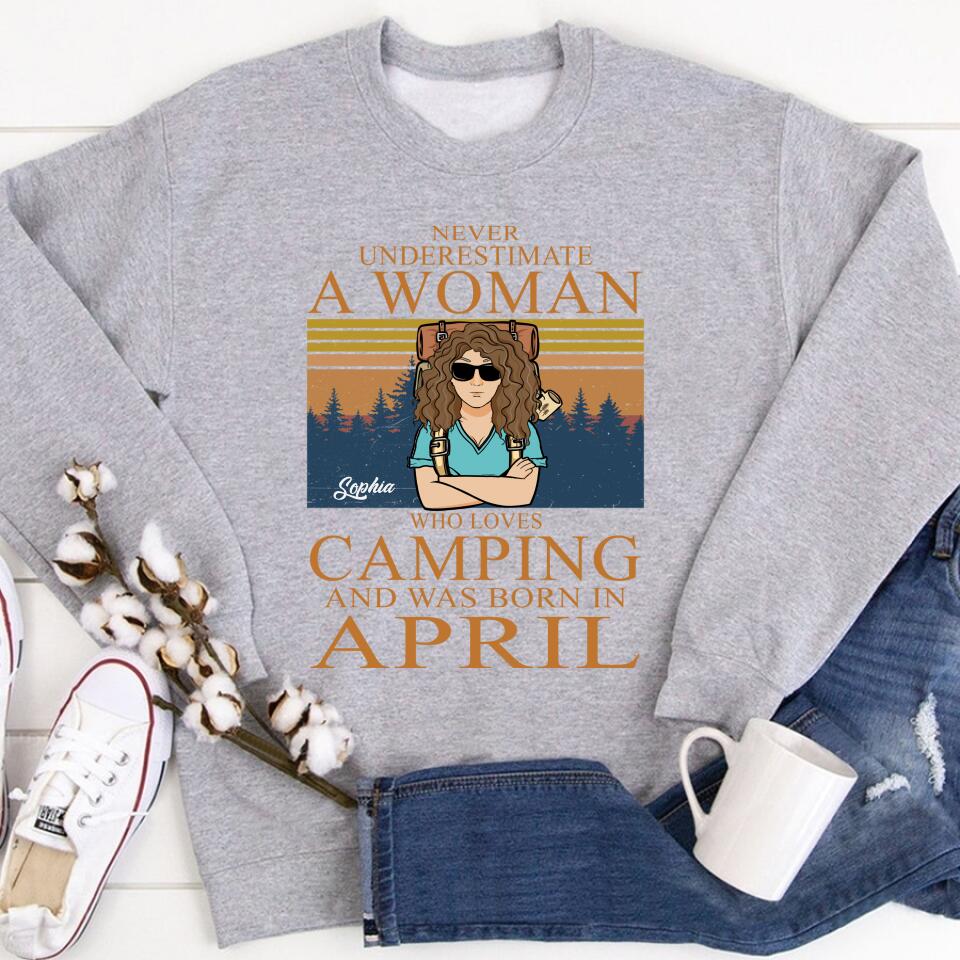 April Birthday Shirt, Custom Birthday Shirt, Camping Birthday Shirt, Never underestimate a Woman Who Loves Camping, Campers Gift, Camping Lover Unisex Cotton T Shirt