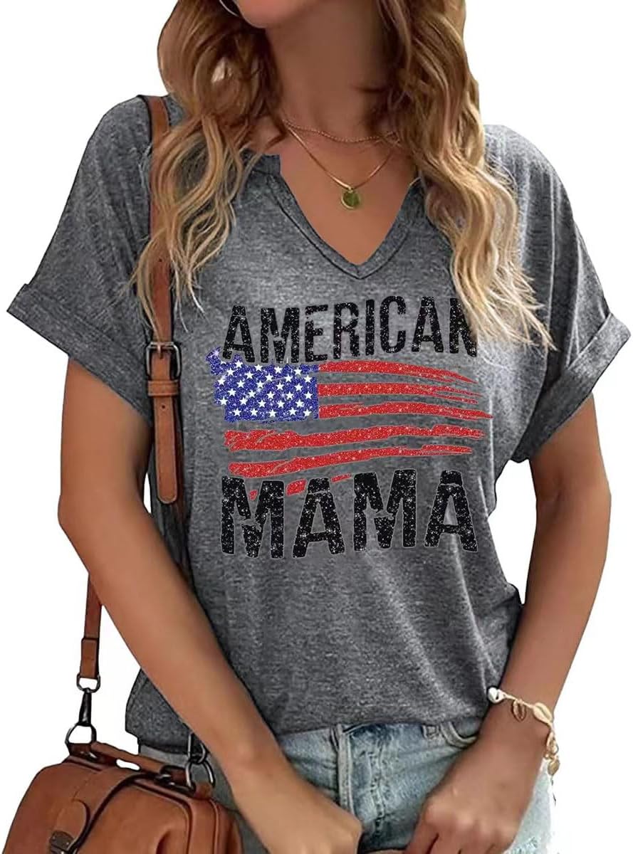 Mama V Neck Shirt Women Funny Mom Life T-Shirt Mother's Day Short Sleeve Graphic Tees Mama Gift Casual Tops Blouse Mother Shirt