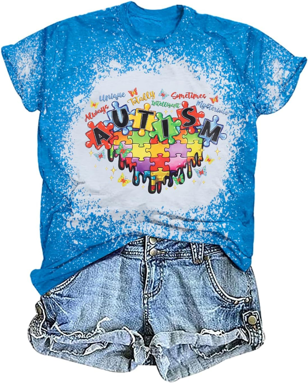 Autism Shirt Women Mental Health Shirt Autistic Graphic T Shirts Autism Awareness Puzzle Positive Bleached Tee Tops