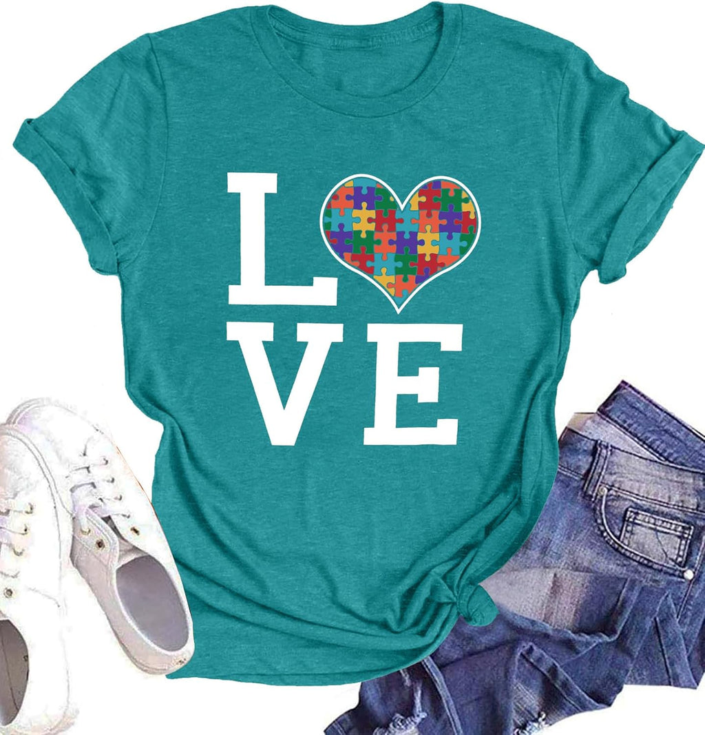 hohololo Autism Awareness Shirt Womens Autism T-Shirt Teacher Puzzle Heart Graphic Tee Autism Acceptance Tops