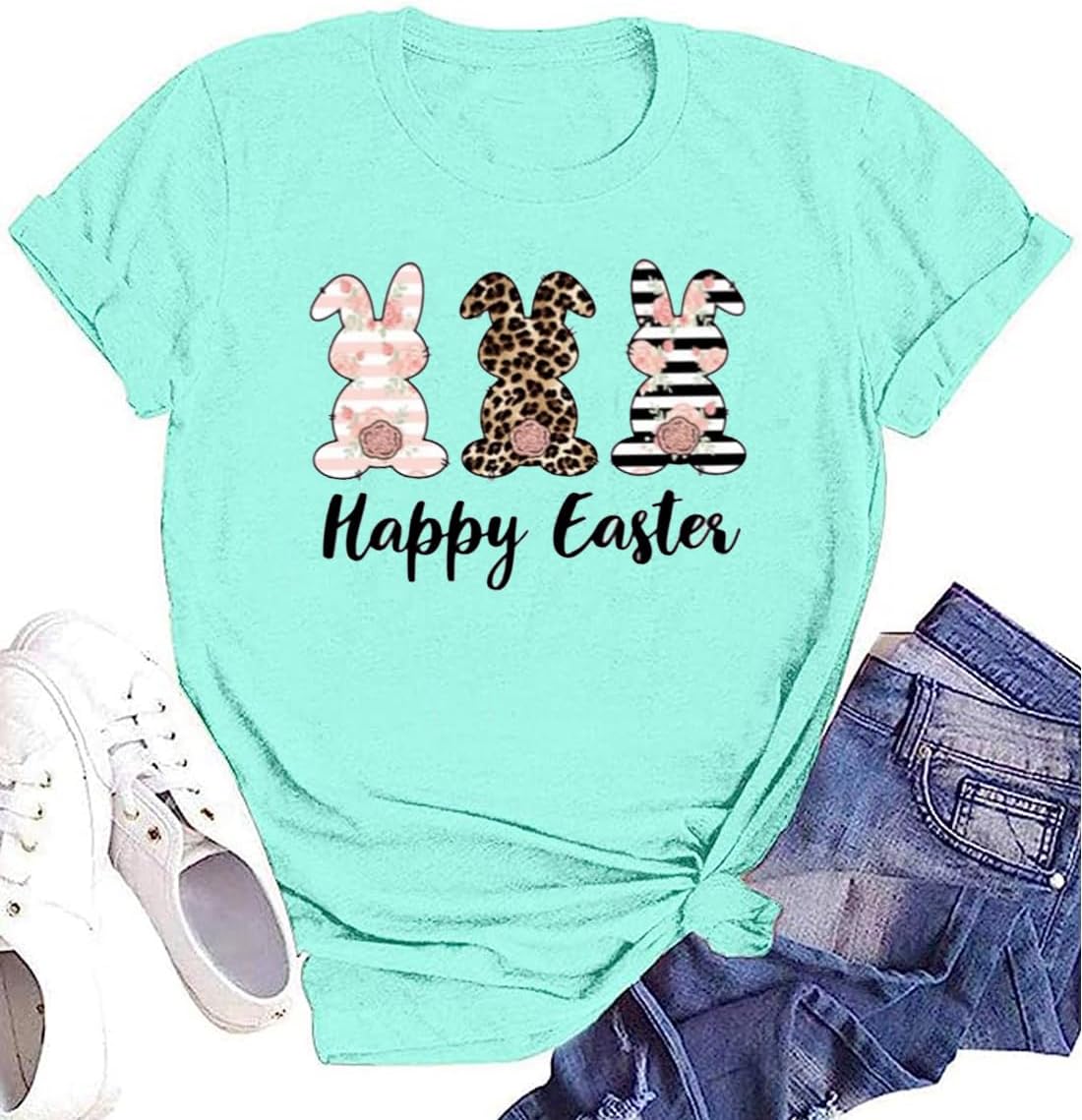 Bunny with Leopard Glasses Shirts for Women Cute Easter Graphic T Shirt Casual Spring Tops Comfortable Tee