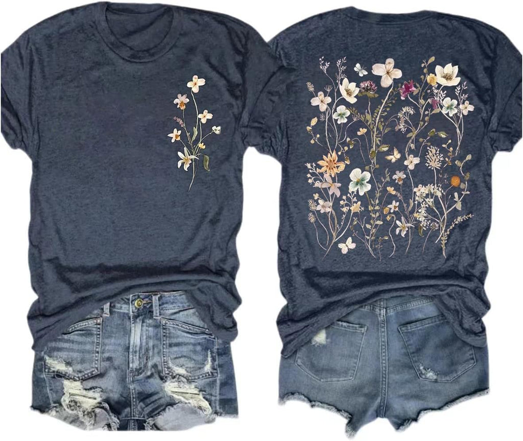 Women's Vintage Flowers Shirt Casual Boho Floral Printed T-Shirt Sunflower Wildflowers Graphic Tees Tops for Girl
