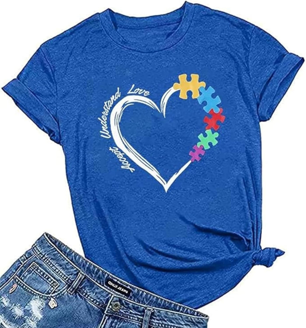 Autism Awareness Shirt Women Accept Understand Love T-Shirt I Wear Blue Tshirt Autism Support Causal Short Sleeve Tee Tops