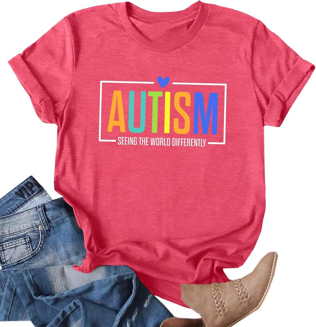 Ithalt Autism Awareness Shirt Women Autistic Mom Tshirt Seeing The World Differently T-Shirt Inspirational Tops