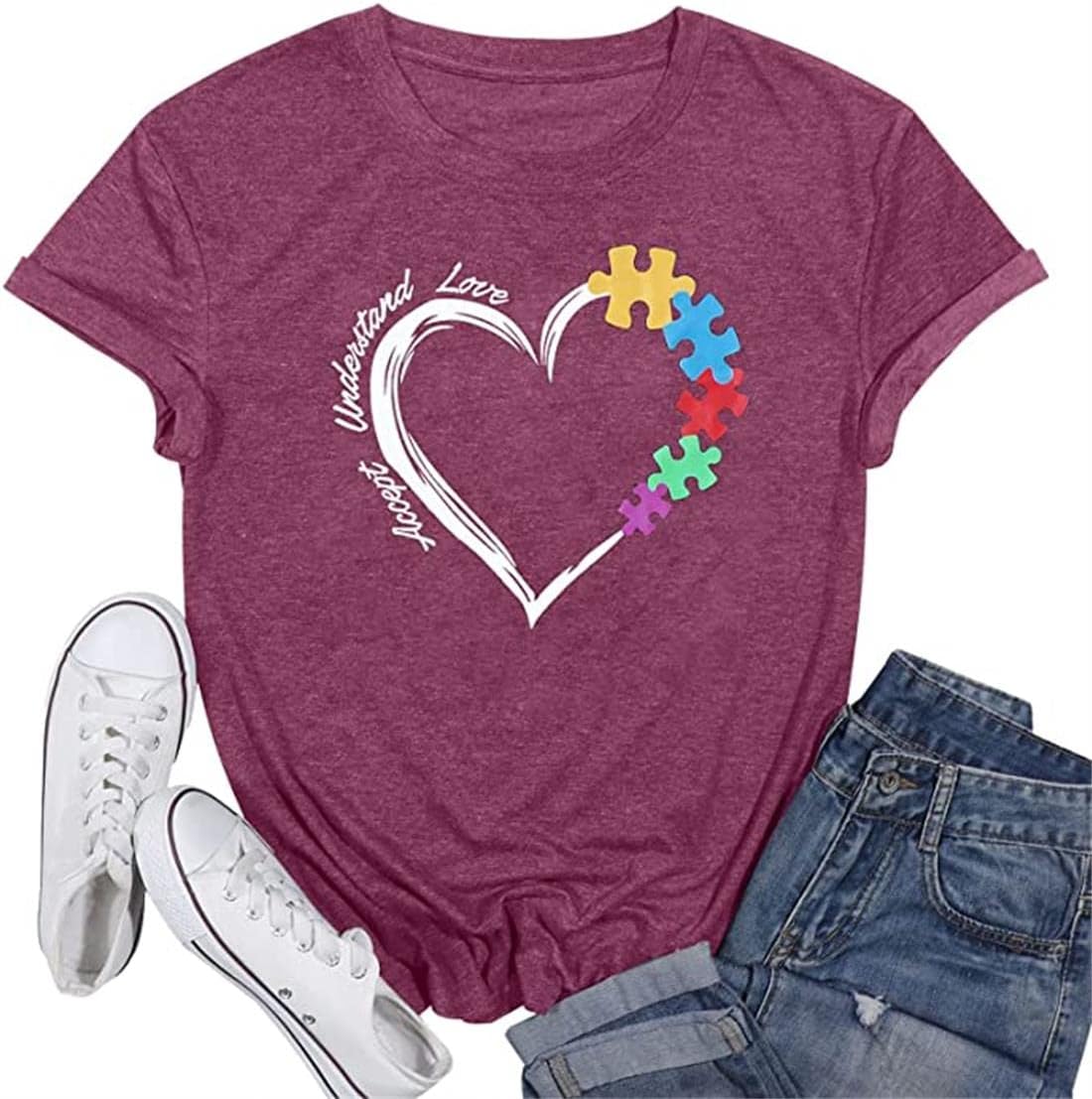 Be Kind Autism Shirt Women Autism Awareness Tee Accept Understand Love T-Shirt Casual Short Sleeve Graphic Tee Tops