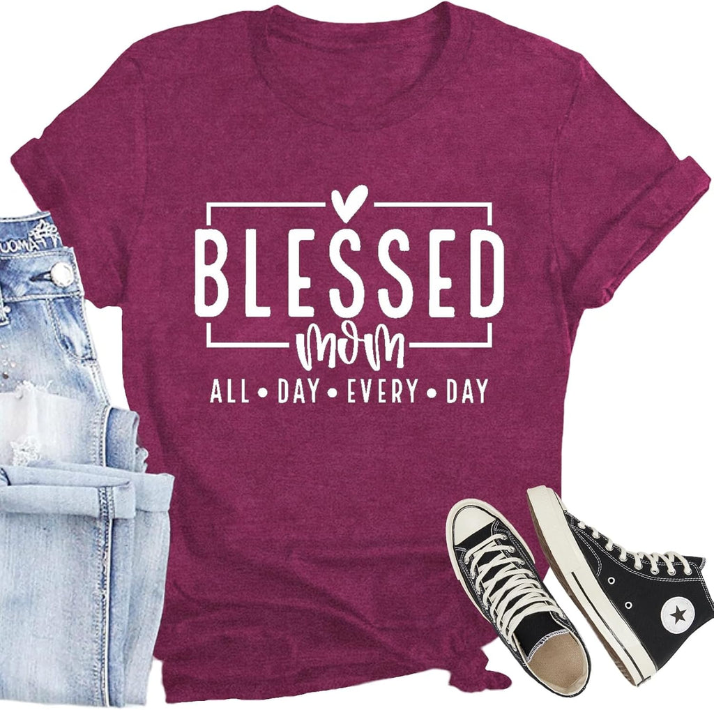 CQF Women Mom Shirt Blessed Mom All Day Every Day Letter Print T-Shirt Best Mama Tee Tops