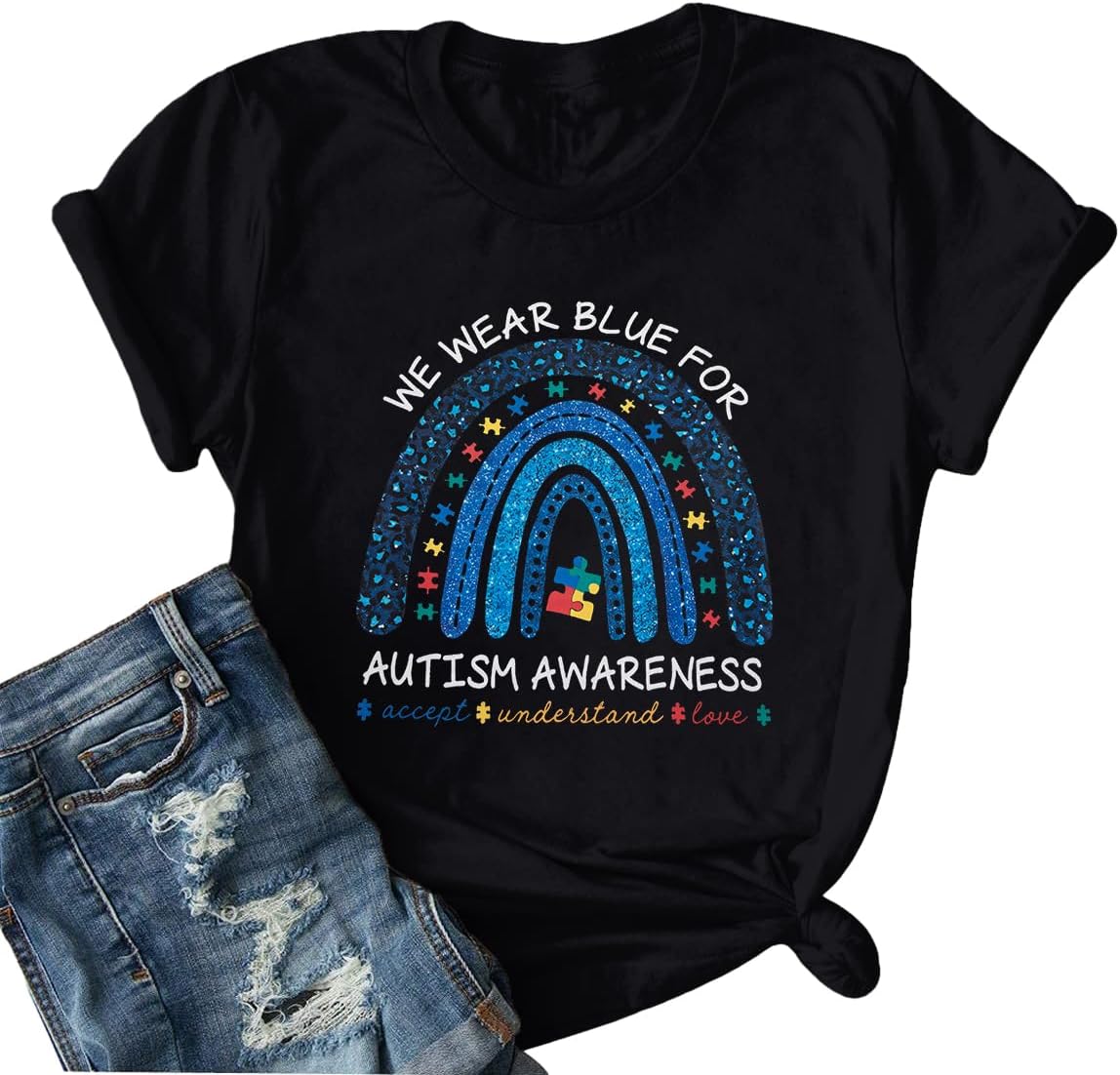 Autism Awareness Shirt Women Autism T-Shirt Autism Acceptance Tops in April Blue Autism Rainbow Tee Autism Mom Clothes
