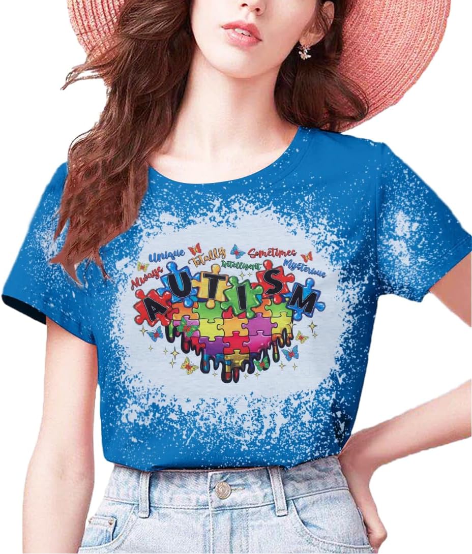 Autism Shirt Women Mental Health Shirt Autistic Graphic T Shirts Autism Awareness Puzzle Positive Bleached Tee Tops
