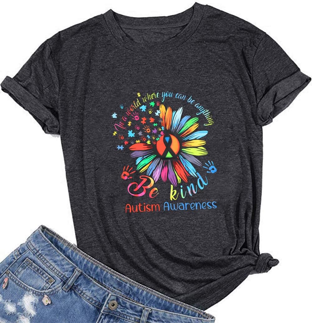 Autism Awareness Shirt Women Be Kind Special Education Teacher T-Shirt Casual Inspirational Kidness Short Sleeve Tee Tops