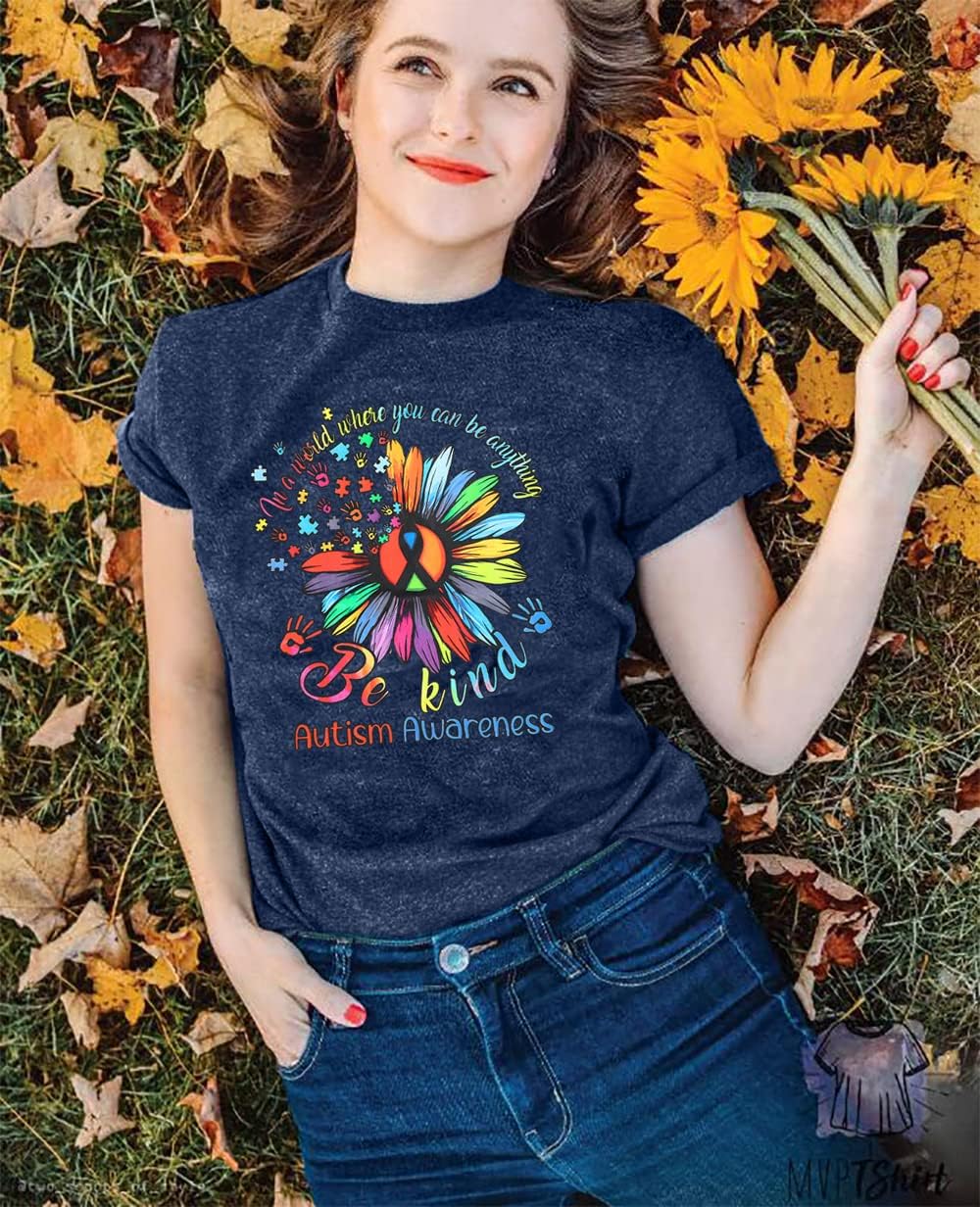 Autism Awareness Shirt Women Be Kind Special Education Teacher T-Shirt Casual Inspirational Kidness Short Sleeve Tee Tops