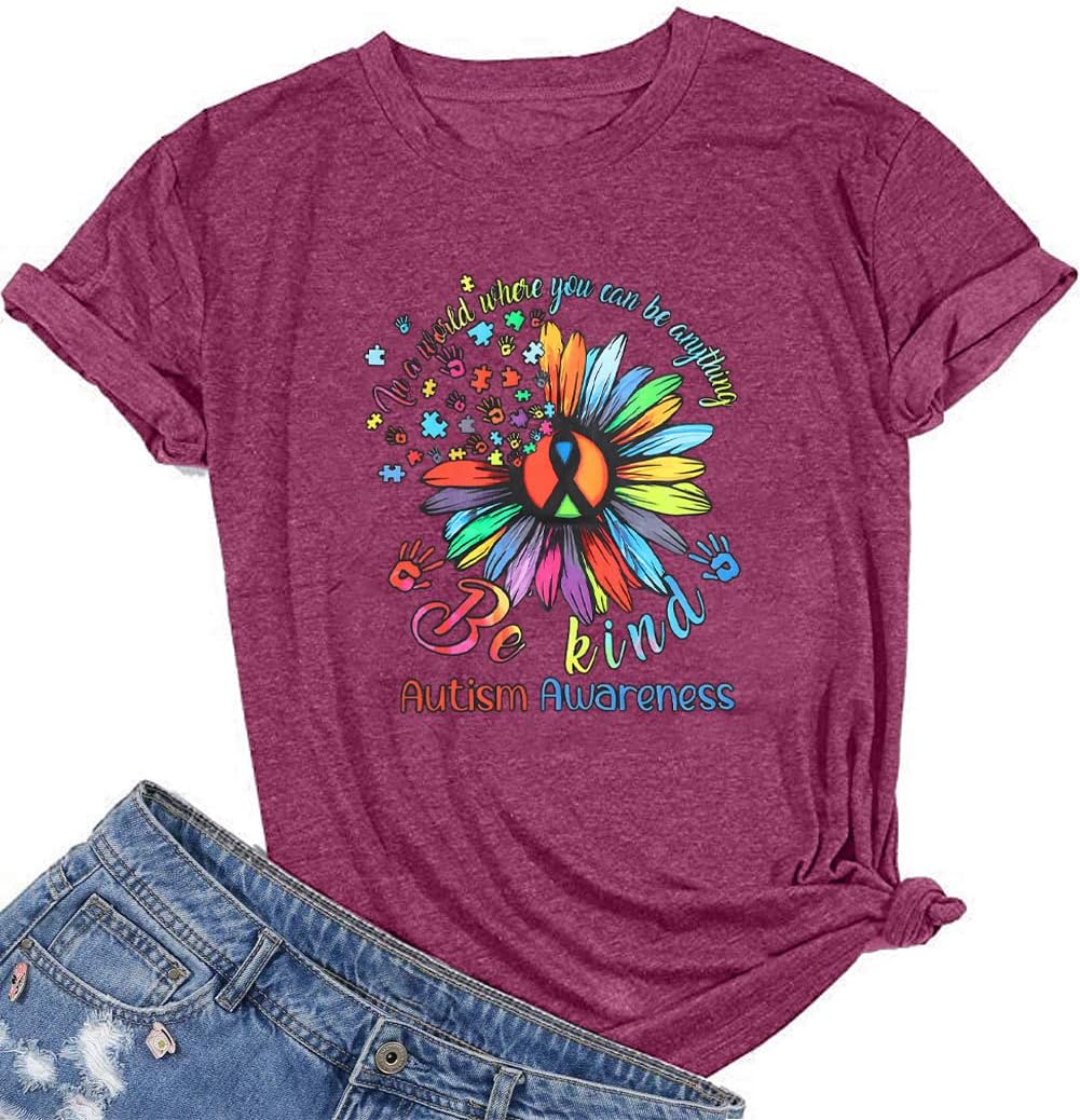 Autism Awareness Shirt Women Be Kind Special Education Teacher T-Shirt Casual Inspirational Kidness Short Sleeve Tee Tops