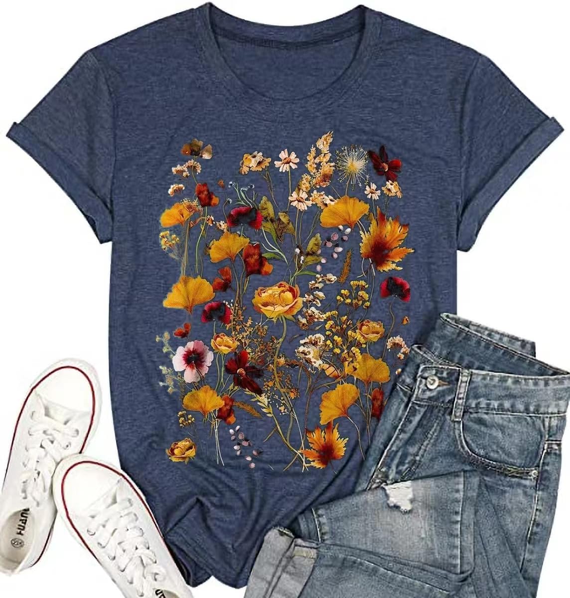 Women's Vintage Flowers Shirt Casual Boho Floral Printed T-Shirt Sunflower Wildflowers Graphic Tees Tops for Girl