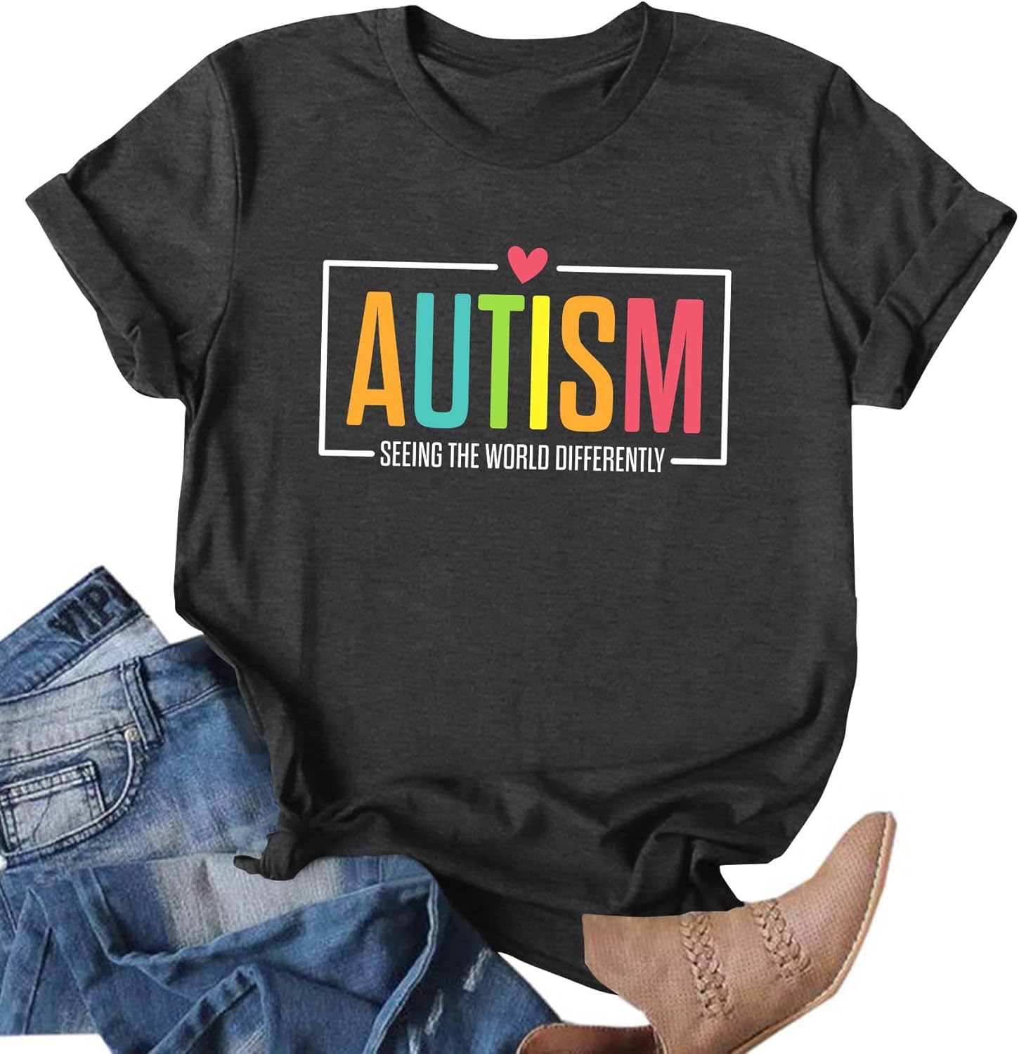 Ithalt Autism Awareness Shirt Women Autistic Mom Tshirt Seeing The World Differently T-Shirt Inspirational Tops
