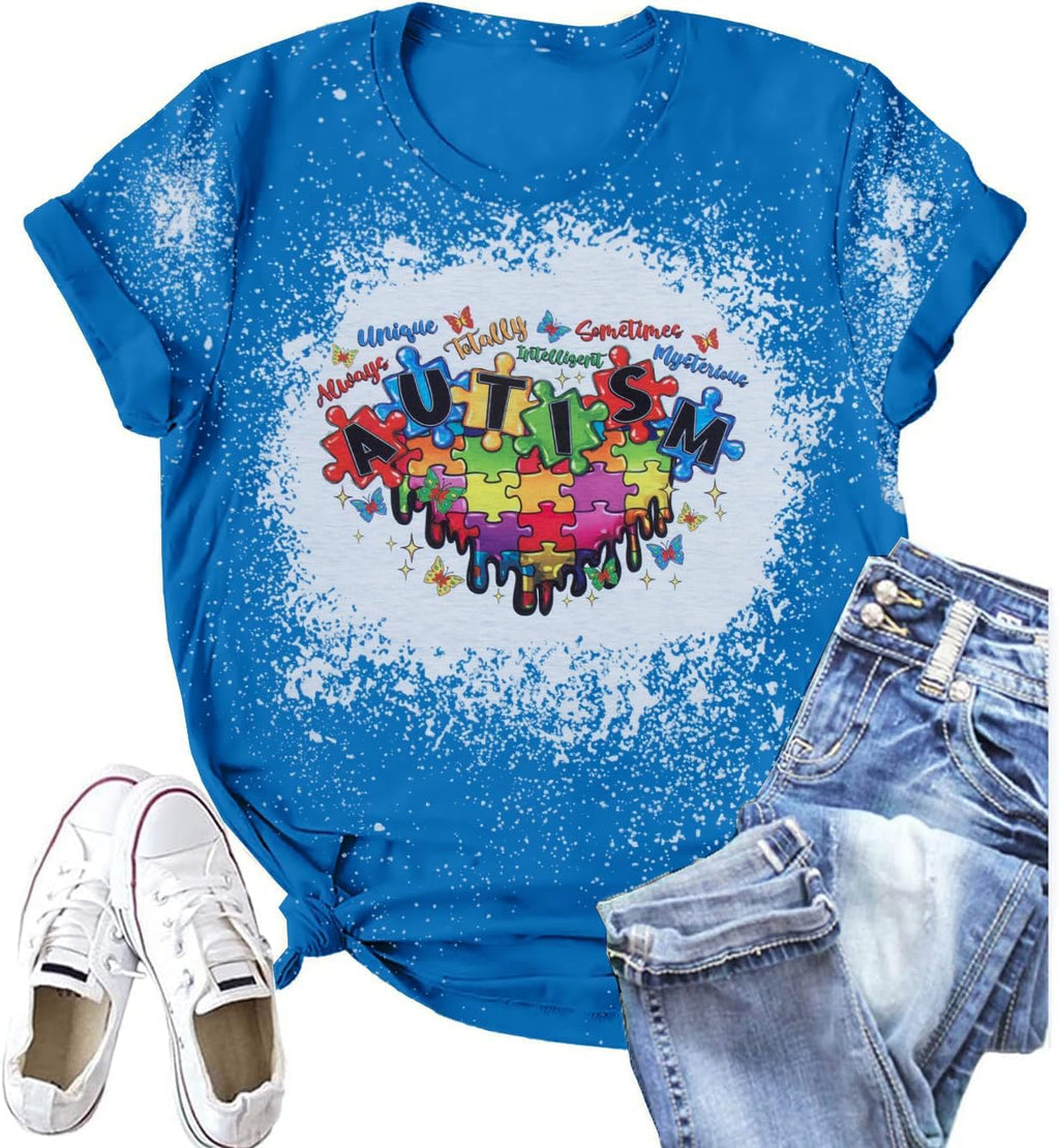 Autism Shirt Women Mental Health Shirt Autistic Graphic T Shirts Autism Awareness Puzzle Positive Bleached Tee Tops