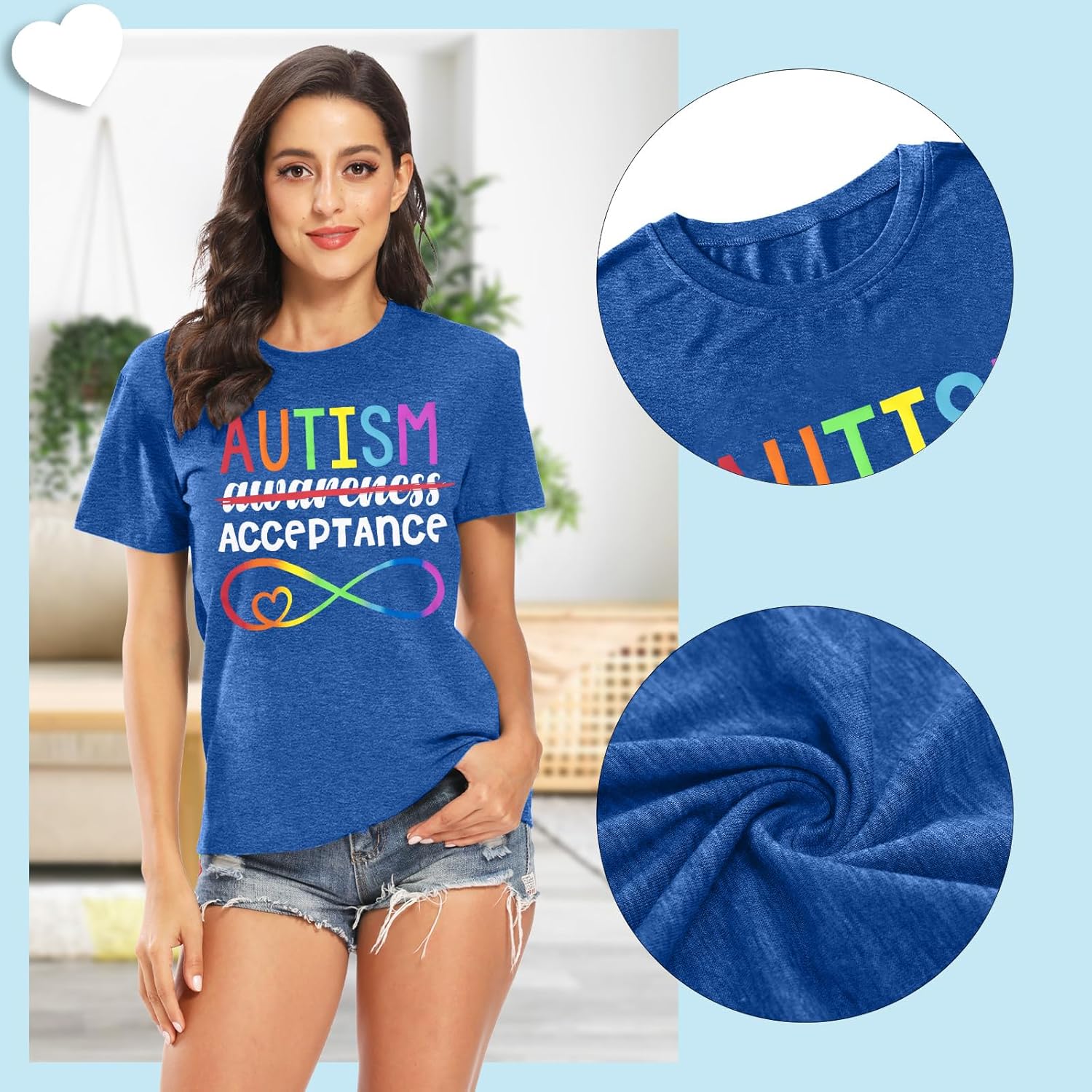 Autism Awareness Shirt Women Autistic Support Shirts Blue Ribbon Graphic T-Shirt Autistim Acceptance Tee Short Sleeve Tops