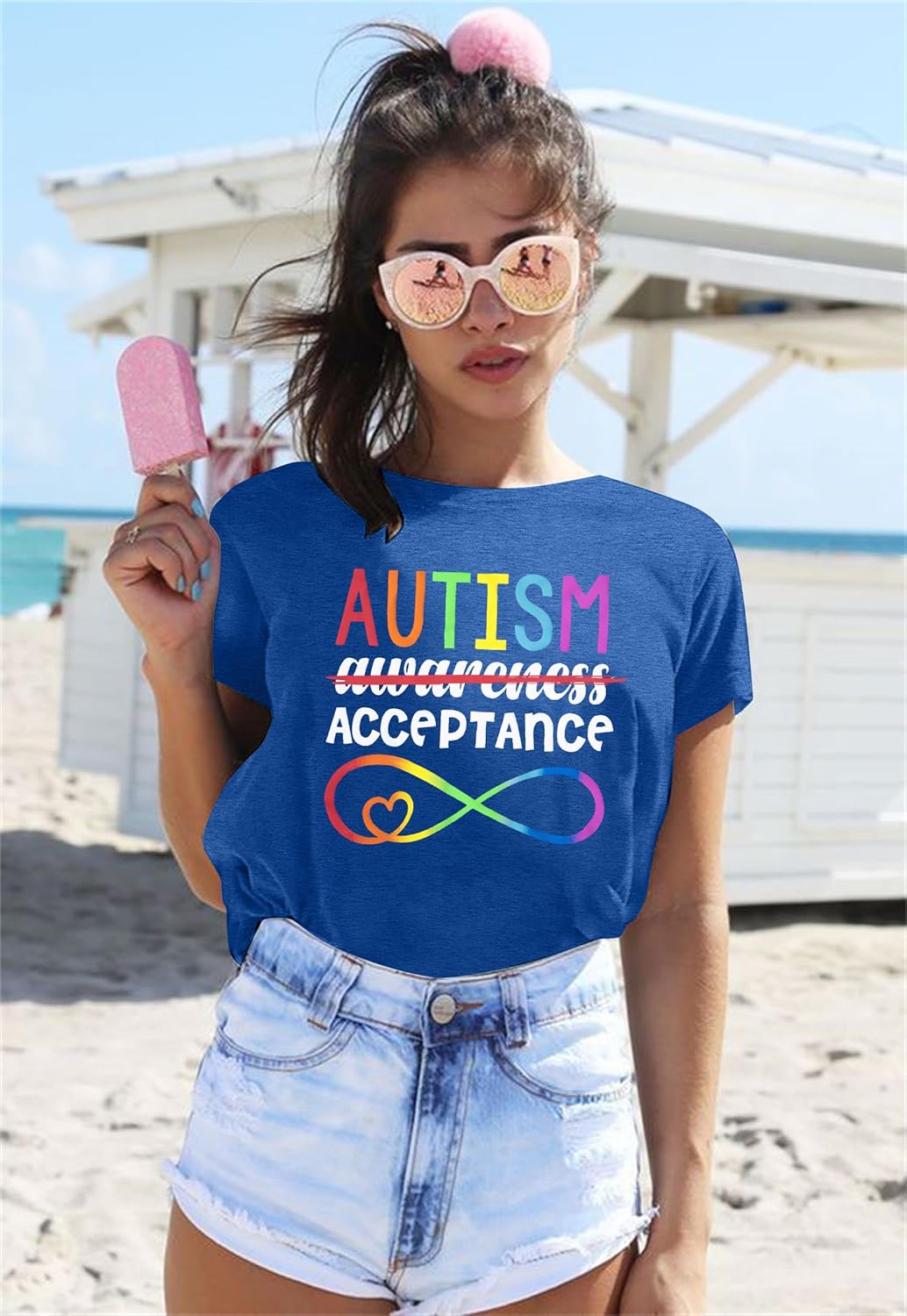 Autism Awareness Shirt Women Autistic Support Shirts Blue Ribbon Graphic T-Shirt Autistim Acceptance Tee Short Sleeve Tops