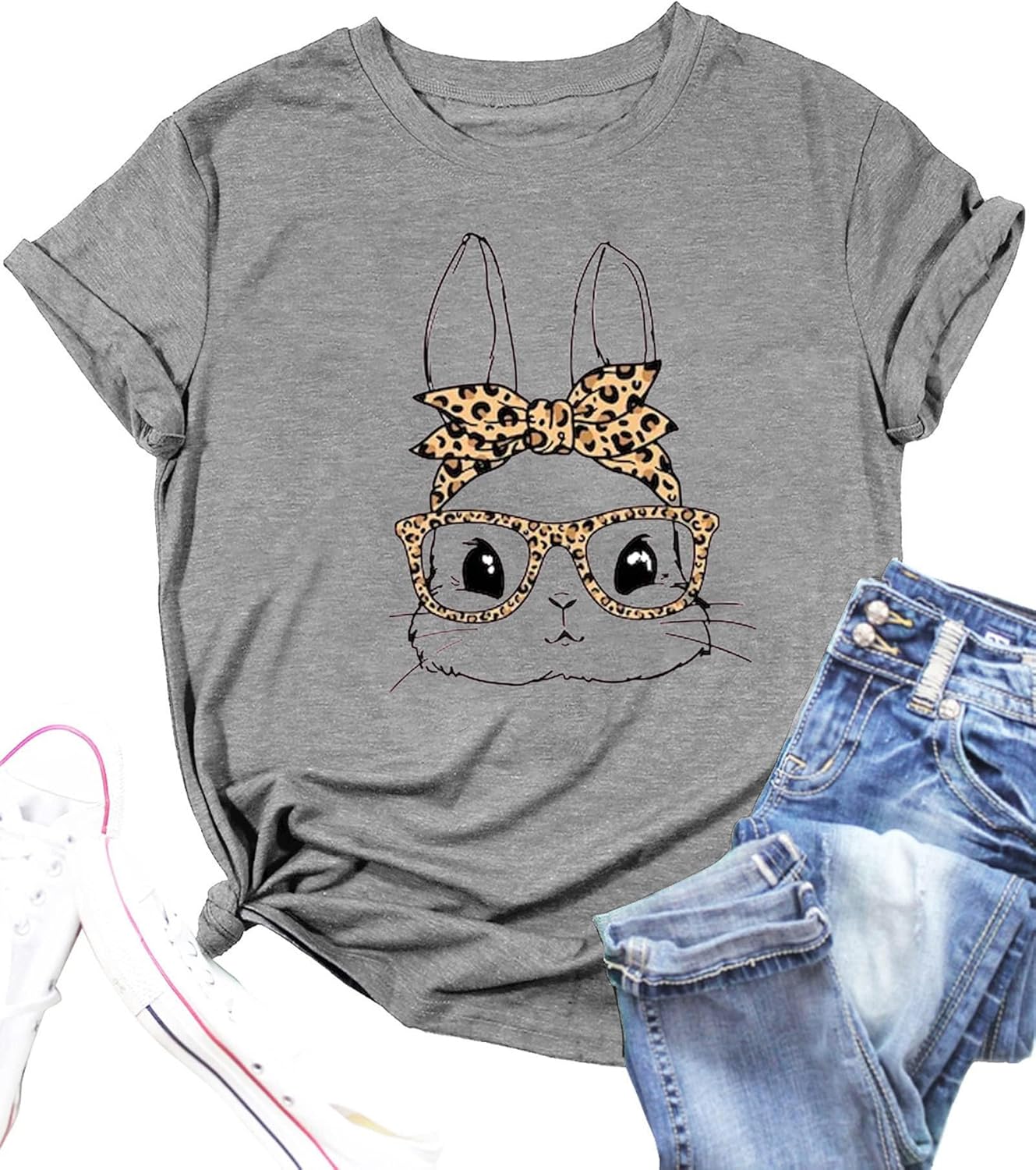 Bunny with Leopard Glasses Shirts for Women Cute Easter Graphic T Shirt Casual Spring Tops Comfortable Tee