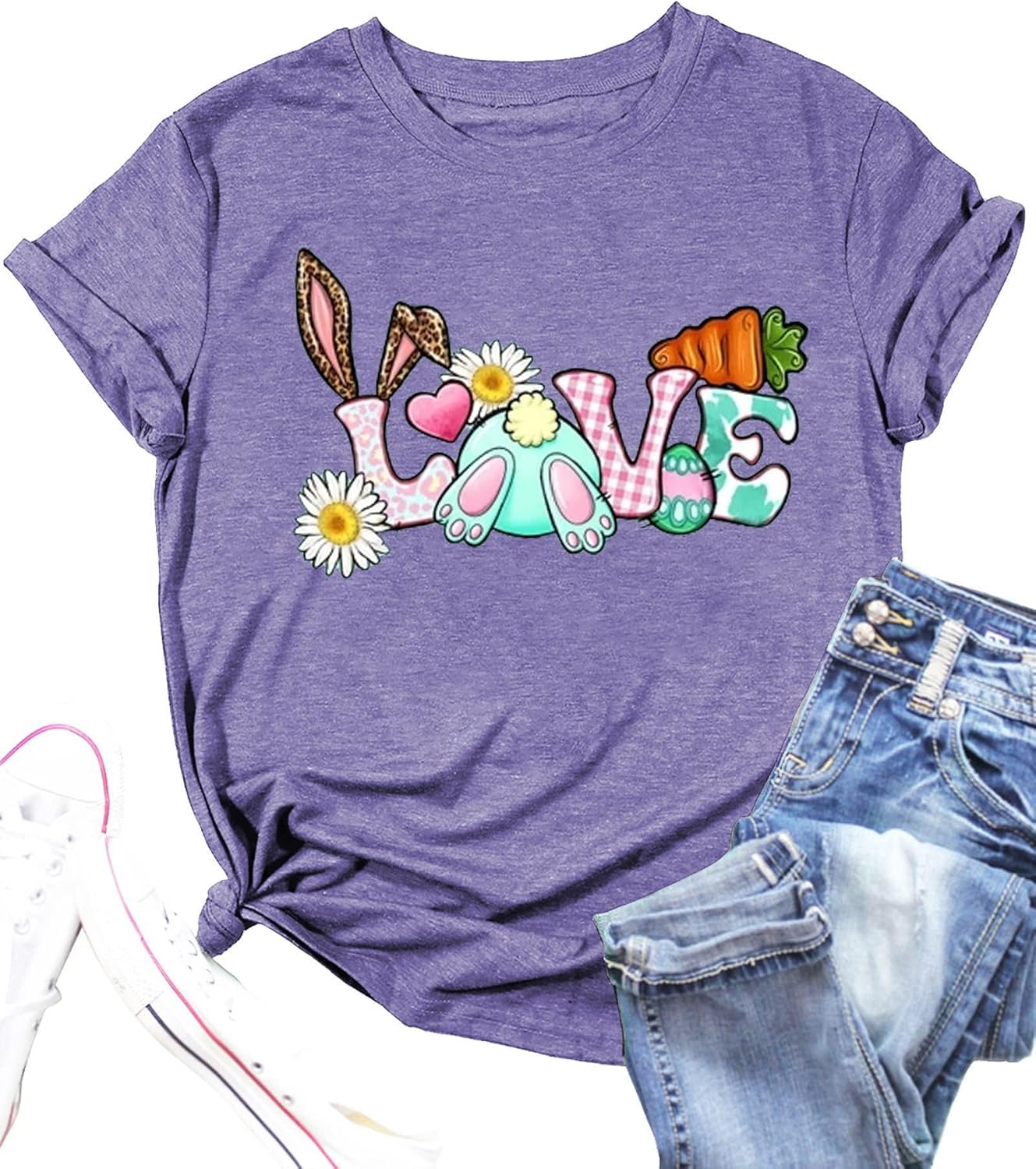 Bunny with Leopard Glasses Shirts for Women Cute Easter Graphic T Shirt Casual Spring Tops Comfortable Tee