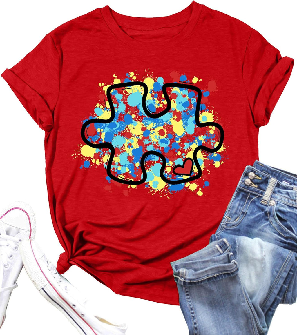 Autism Support Shirt Women Autism Awareness T-Shirt Special Education Teacher Tee Autism Puzzle Tops