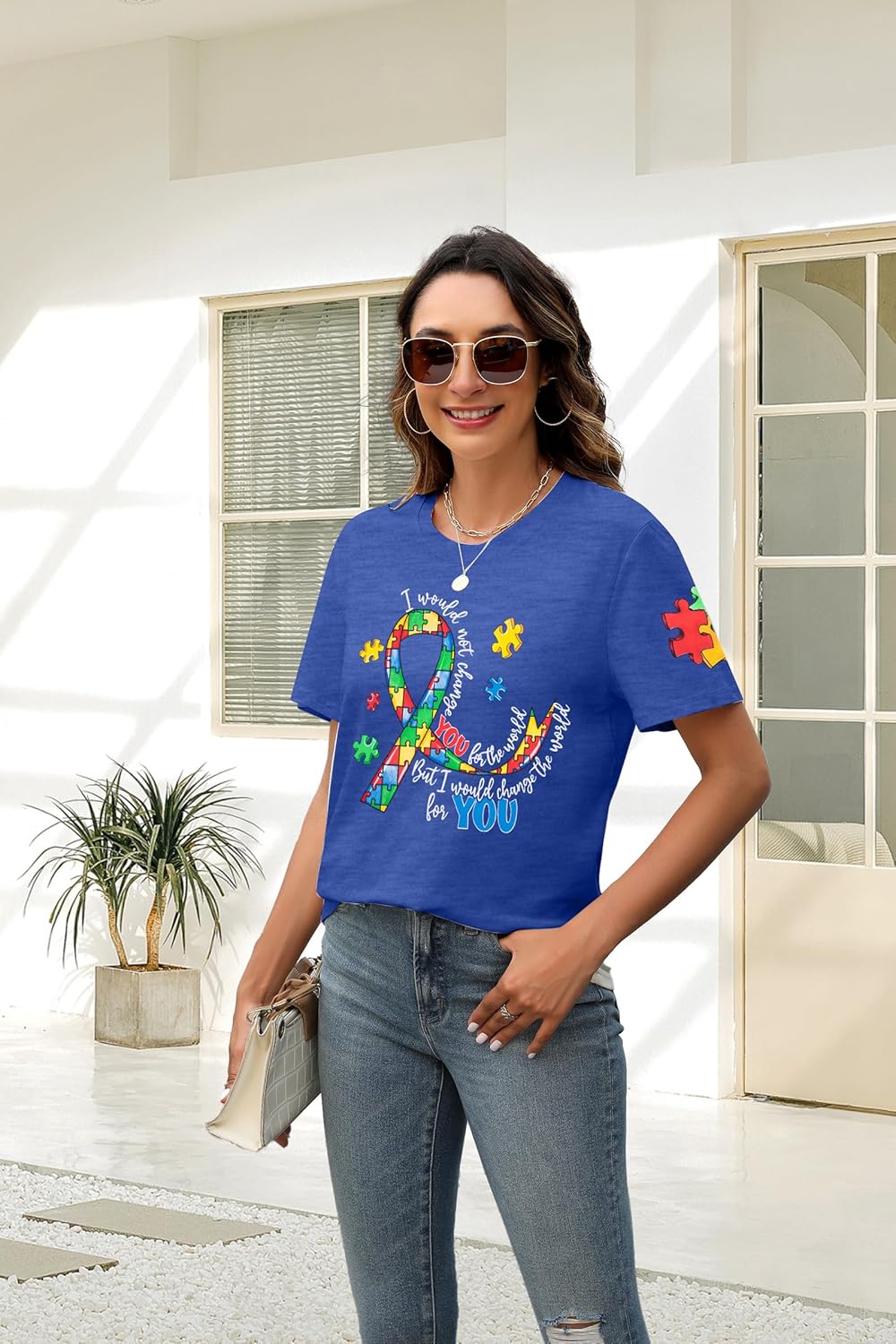 MYHALF Women Autism Awareness Shirt Teacher Autism Shirts Autism Mom Tshirt Blue Ribbon Graphic Tee Tops