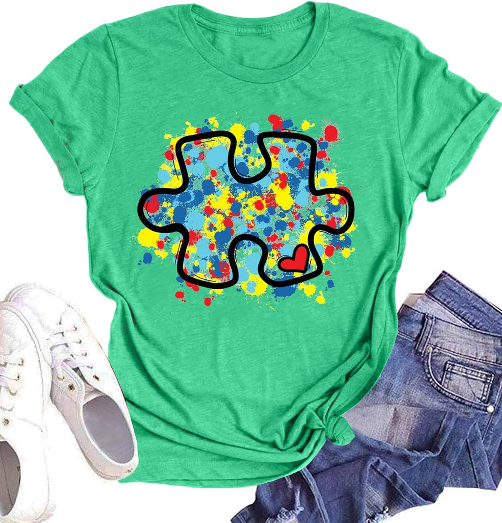 Autism Support Shirt Women Autism Awareness T-Shirt Special Education Teacher Tee Autism Puzzle Tops